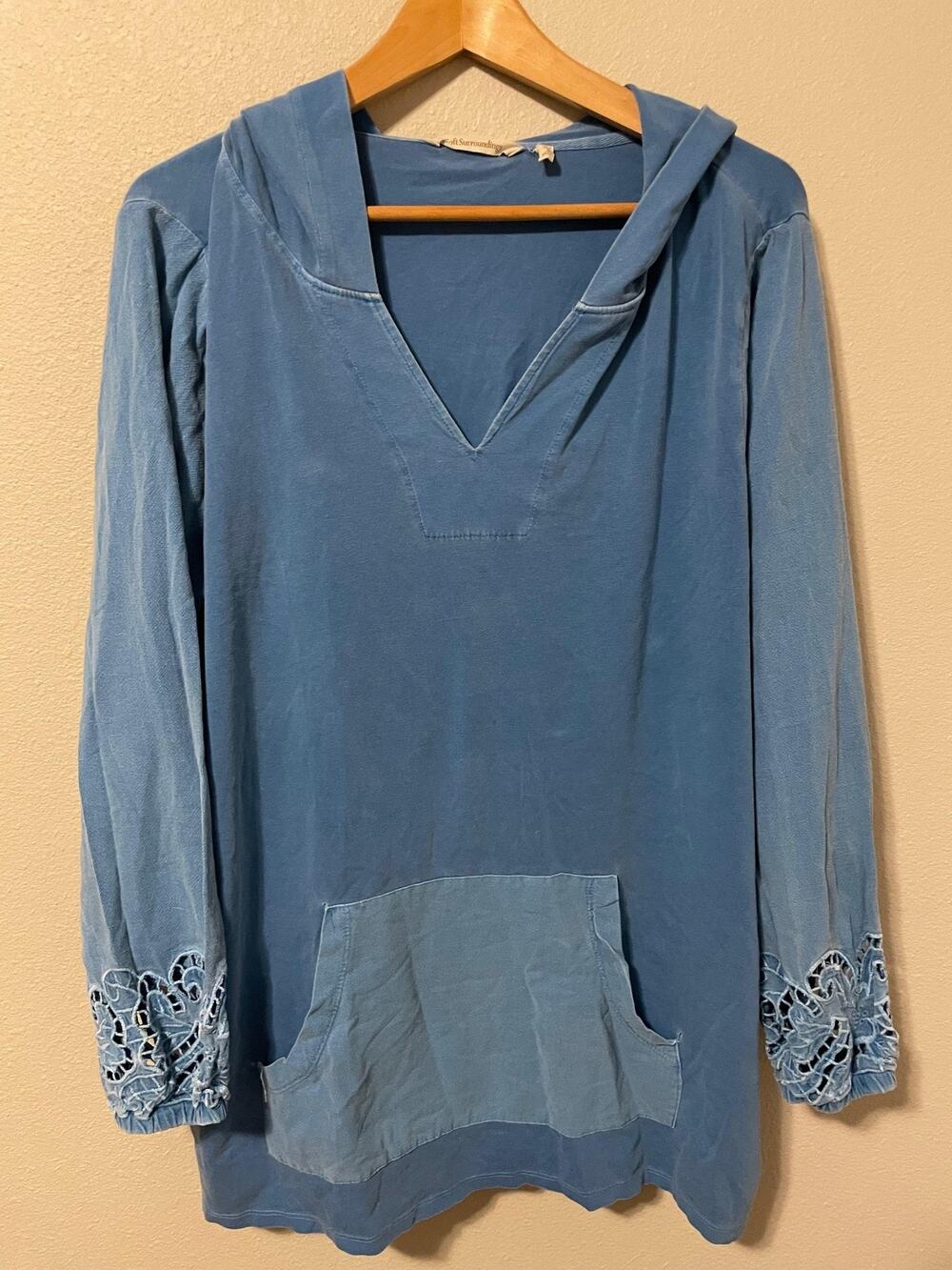 Soft Surroundings Tunic Womens 2X Blue Hooded Crochet Pocket Long Sleeve Boho